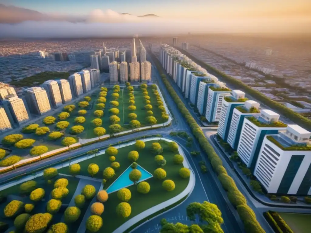 Vista aérea: impacto de regulaciones urbanas en desarrollo inmobiliario en México Vista aérea de una ciudad moderna en México con rascacielos, edificios residenciales y espacios verdes, ilustrando el impacto de las regulaciones de uso de suelo en el desarrollo inmobiliario