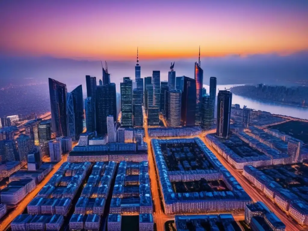 Horizonte urbano: atardecer dorado en ciudad moderna Vista aérea de una ciudad moderna al atardecer, con rascacielos futuristas e edificios históricos iluminados por una cálida puesta de sol dorada