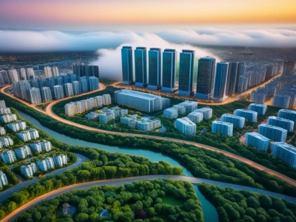 Metrópolis moderna y verde: mercado inmobiliario dinámico Vista aérea de una ciudad moderna con rascacielos y espacios verdes, reflejo del mercado inmobiliario y políticas de vivienda