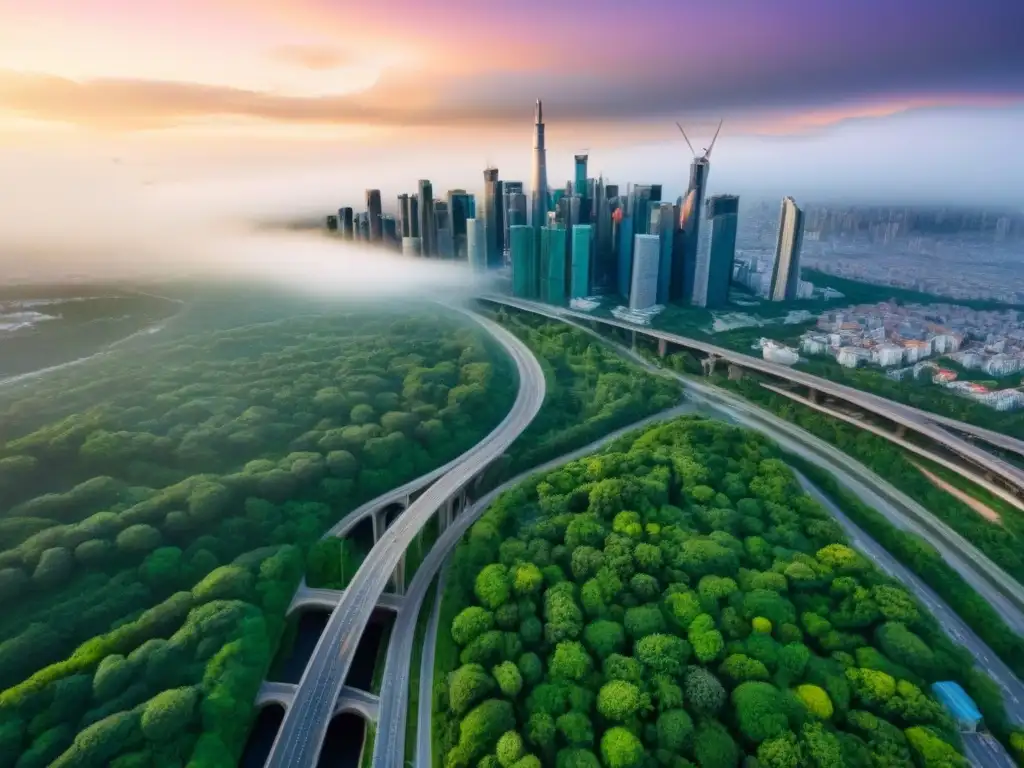 Metrópolis moderna entre naturaleza: desarrollo urbano innovador Vista aérea de una ciudad moderna con tecnología preservación infraestructuras éxito