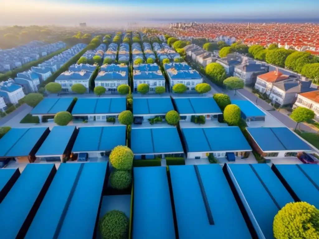 Vista aérea detallada: Ciudad moderna con alquileres coloridos y seguridad Vista aérea de una ciudad moderna con alquileres corto plazo seguros, cámaras y cerraduras inteligentes, rodeada de calles bulliciosas
