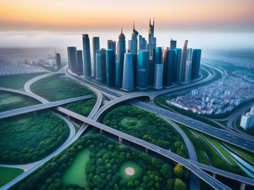 Metrópolis moderna: arquitectura, verde y carreteras Vista aérea de ciudad moderna y vibrante, reflejo de Inversiones inmobiliarias internacionales políticas gubernamentales