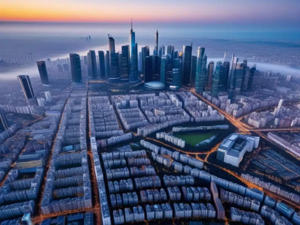 Influencia de normativas de la UE en propiedades urbanas de alto valor Vista aérea de ciudad moderna con propiedades de alto valor bajo cielo azul, destacando regulaciones compra inmuebles alto valor