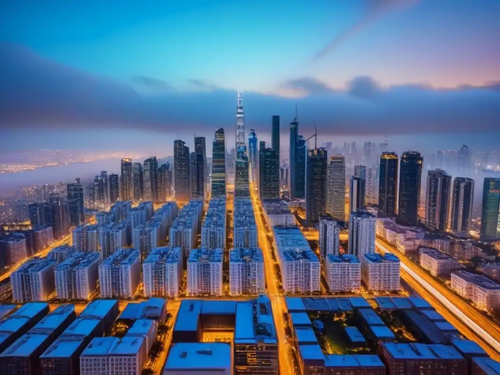 Oportunidades de inversión inmobiliaria digital: ciudad dinámica y vibrante Vista aérea de una ciudad moderna con rascacielos, reflejando las Tendencias inversión inmobiliaria online
