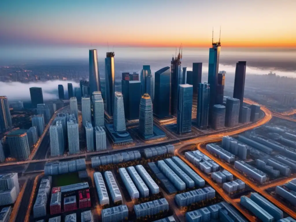 Horizonte urbano moderno: energía y oportunidad inmobiliaria Vista aérea de una ciudad moderna con rascacielos, reflejo del dinamismo del mercado inmobiliario
