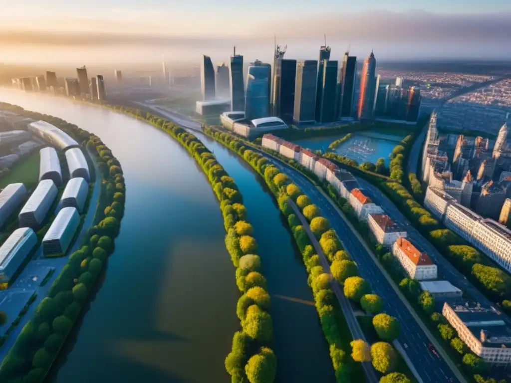 Espléndida ciudad moderna: skyline urbano desde el aire Vista aérea de ciudad moderna con rascacielos, parques verdes y río, capturada por dron