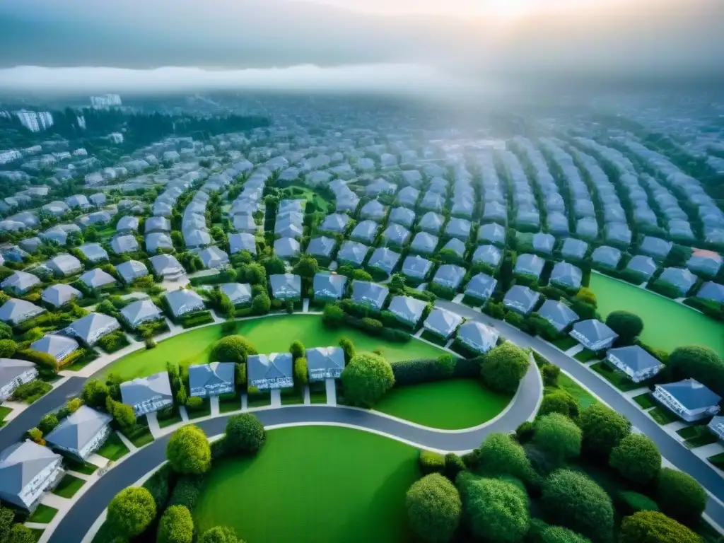 Armonía urbana: vecindario moderno con servicios públicos integrados Vista aérea de una ciudad moderna con un vecindario residencial ordenado, parques verdes y calles pavimentadas