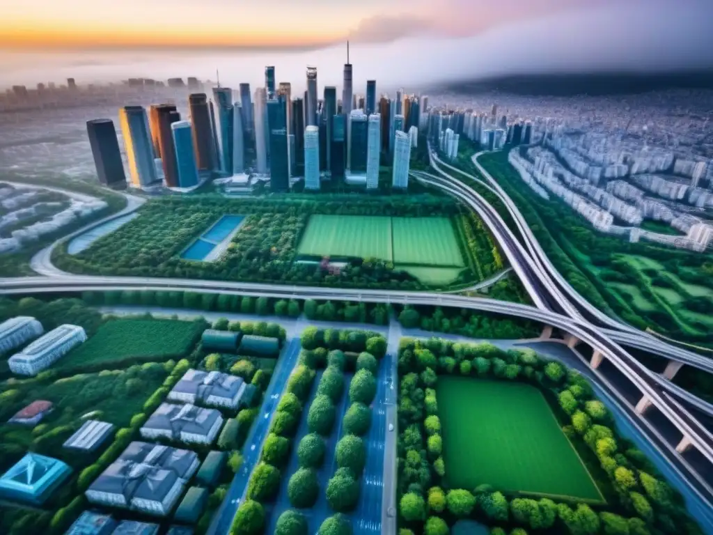 Metrópolis vibrante: armonía entre urbanismo y servicios públicos de calidad Vista aérea de ciudad moderna con rascacielos, parques verdes y transporte público eficiente, resaltando el impacto de servicios públicos en propiedad