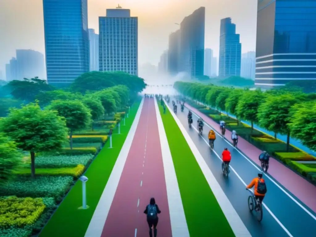 Armonía urbana: ciudad moderna con parques verdes Vista aérea de ciudad moderna con rascacielos y parques verdes integrados, personas disfrutando actividades al aire libre, planificación urbana salud pública integrada