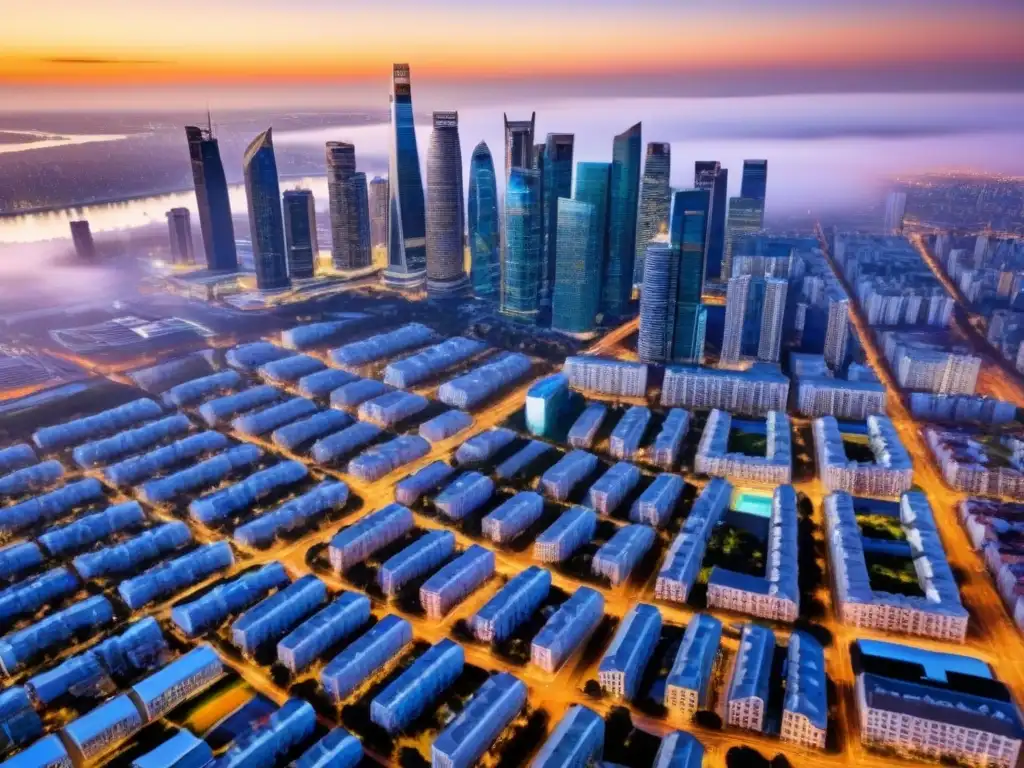 Panorámica urbana: diversidad arquitectónica en ciudad dinámica Vista aérea de ciudad moderna con diversidad arquitectónica, estrategias diversificación inversión mercado inmobiliario