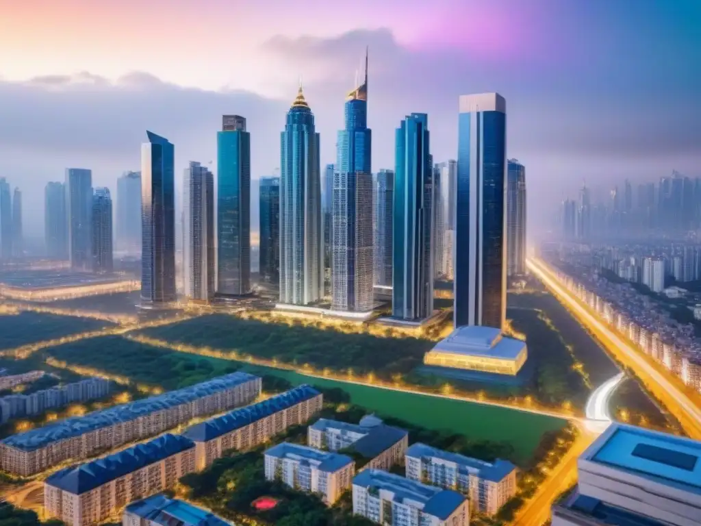Vibrante ciudad moderna: real estate en crecimiento Vista aérea de una ciudad moderna con rascacielos y edificios residenciales, simbolizando el crecimiento del sector inmobiliario