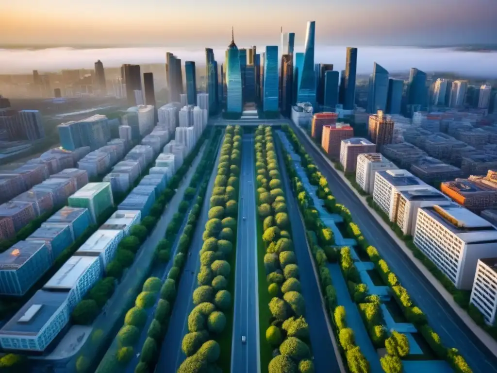 Arquitectura moderna y naturaleza en armonía: ciudad dinámica Vista aérea de una ciudad moderna con espacios verdes, arte urbano y rascacielos, transmitiendo armonía y tranquilidad