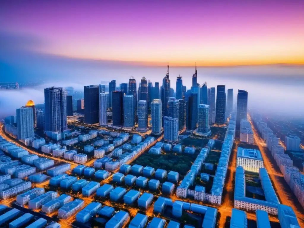 Horizonte urbano al atardecer: inversión inmobiliaria vibrante Vista aérea de una ciudad al anochecer con modernas propiedades inmobiliarias iluminadas