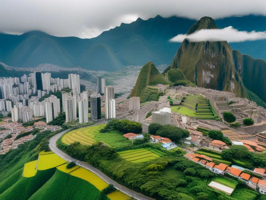 Metrópolis en crecimiento: real estate en Sudamérica Vista aérea de una ciudad en Sudamérica con modernos rascacielos y edificios tradicionales, rodeada de vegetación exuberante y montañas