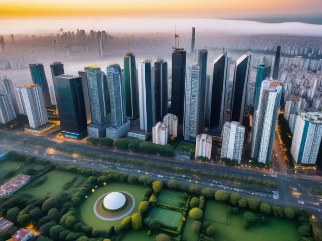 Skyline moderno en América del Sur: evolución del mercado inmobiliario Vista aérea de una ciudad en Sudamérica con rascacielos modernos y tecnología en mercado inmobiliario Sudamérica