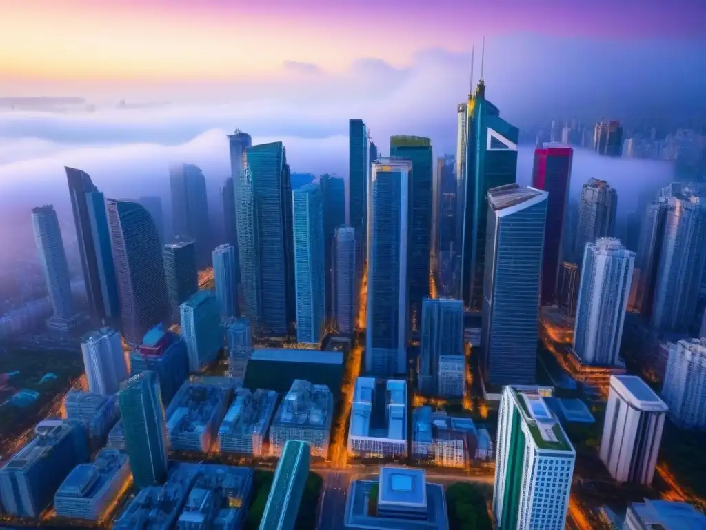 Metrópolis global: dinamismo y diversidad en el mercado inmobiliario internacional Vista aérea de ciudad con rascacielos modernos y edificios residenciales, reflejando las fluctuaciones mercado inmobiliario internacional