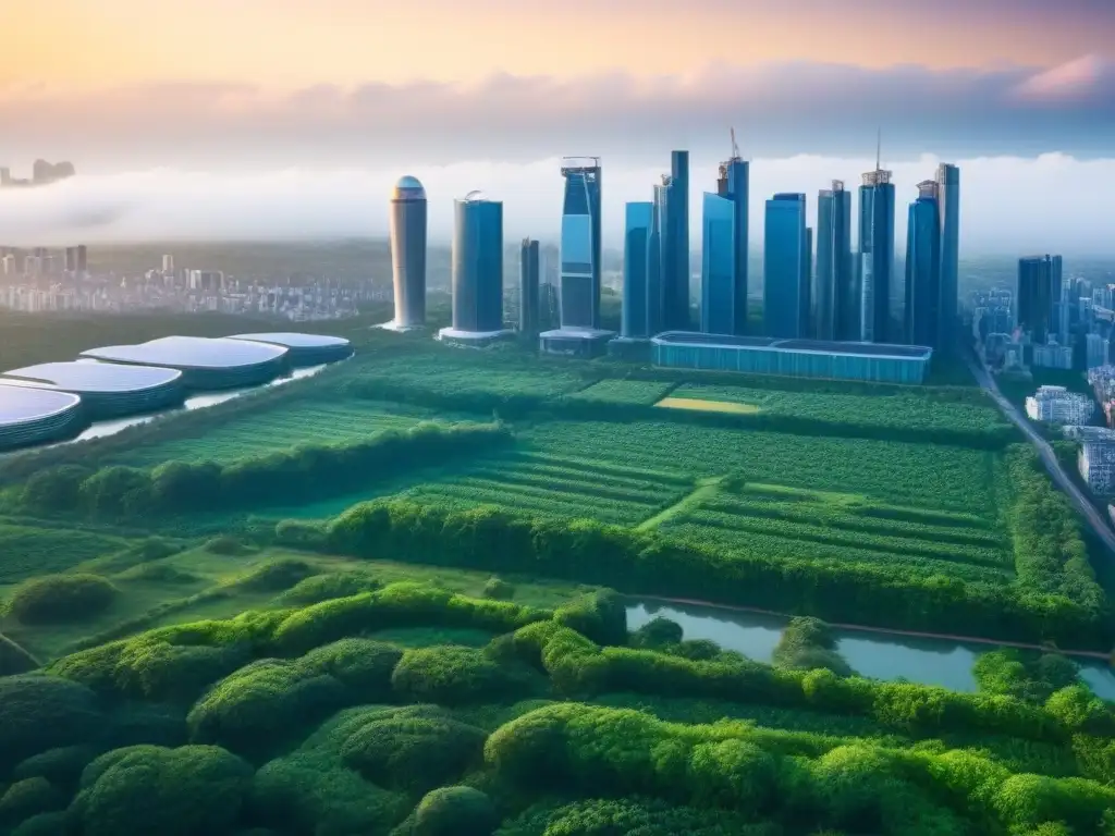 Metrópolis sostenible: fusión de rascacielos y naturaleza Vista aérea de una ciudad con rascacielos modernos, energía renovable y naturaleza, reduciendo la huella de carbono en edificaciones