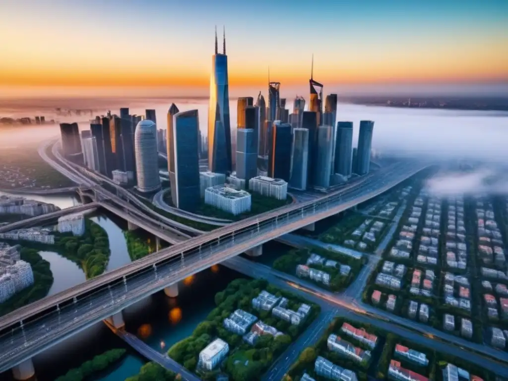Red de edificios y carreteras: ciudad moderna al atardecer Vista aérea de una ciudad con rascacielos y edificios residenciales, conectados por una red de caminos y puentes al atardecer