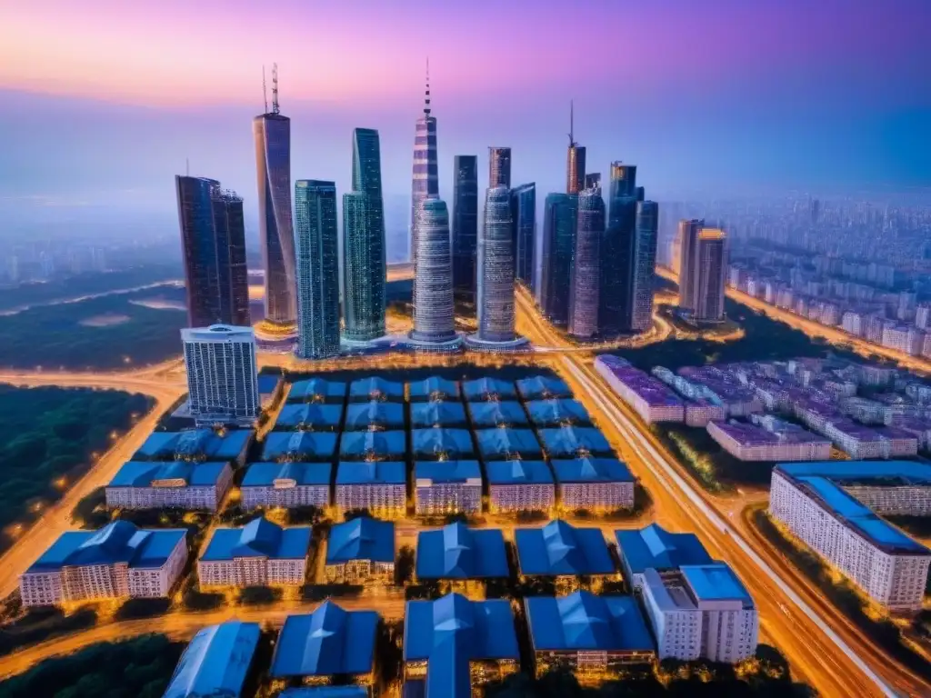 Vista aérea impresionante de una ciudad iluminada al atardecer Vista aérea de la ciudad al anochecer, con rascacielos iluminados y parques urbanos bajo un cielo pastel