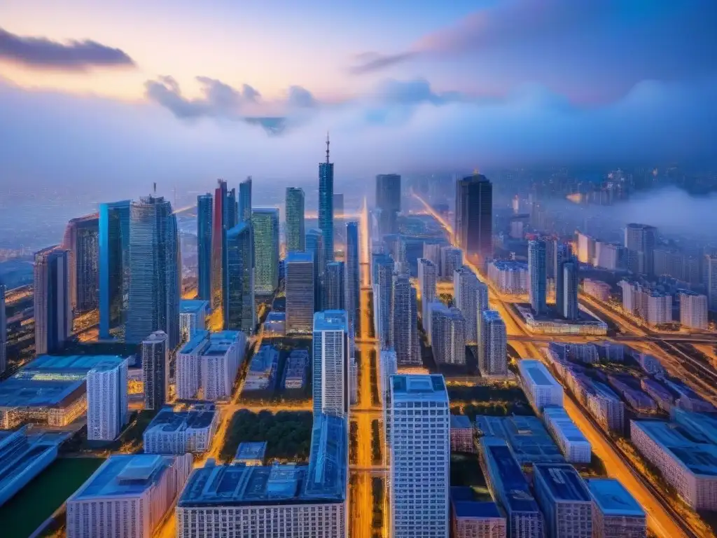 Panorámica urbana: modernos rascacielos y diversidad comercial Vista aérea de ciudad con rascacielos y diversidad de bienes raíces, destacando estrategias de diversificación
