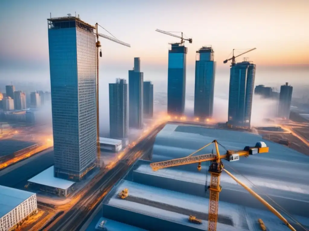 Desarrollo inmobiliario: Construcción de rascacielos con crowdfunding Vista aérea de una ciudad en expansión con rascacielos en construcción, simbolizando el dinamismo del crowdfunding inmobiliario estrategias inversión