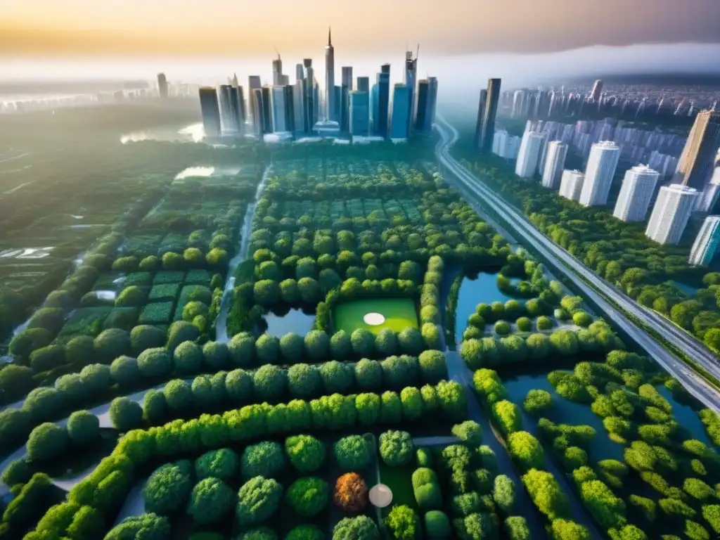 Metrópolis sostenible: integración de infraestructura verde en la ciudad Vista aérea de una ciudad con rascacielos rodeados de parques verdes y calles arboladas, destacando la Importancia de la Infraestructura Verde