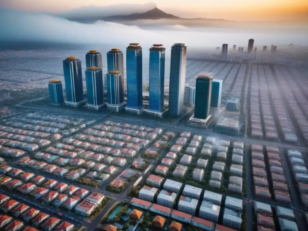 Vista aérea de ciudad en México: crecimiento y oportunidad inmobiliaria Vista aérea de una ciudad en México con rascacielos modernos y construcción, bajo el sol, simbolizando el auge inmobiliario