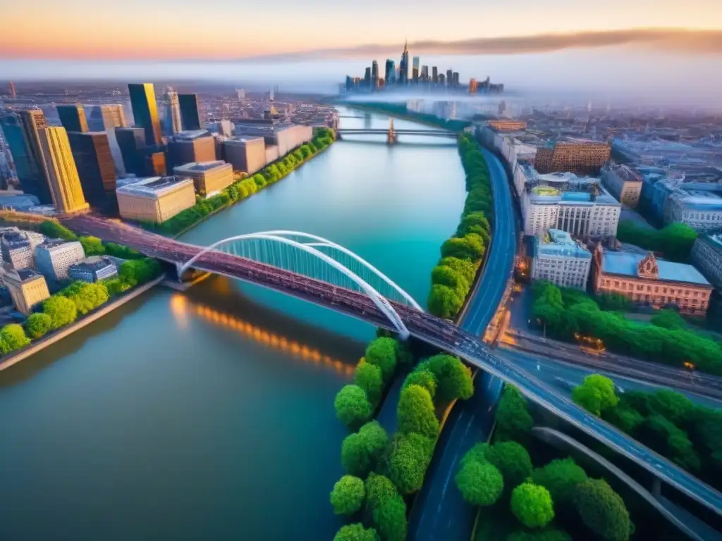 Puente histórico restaurado en ciudad moderna Vista aérea de una ciudad con restauraciones exitosas en infraestructuras a nivel global