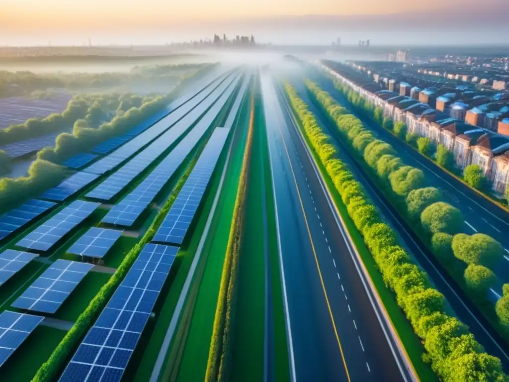 Cityscape sostenible: armonía entre naturaleza y urbanismo Vista aérea de ciudad sostenible con espacios verdes, paneles solares, transporte público eficiente