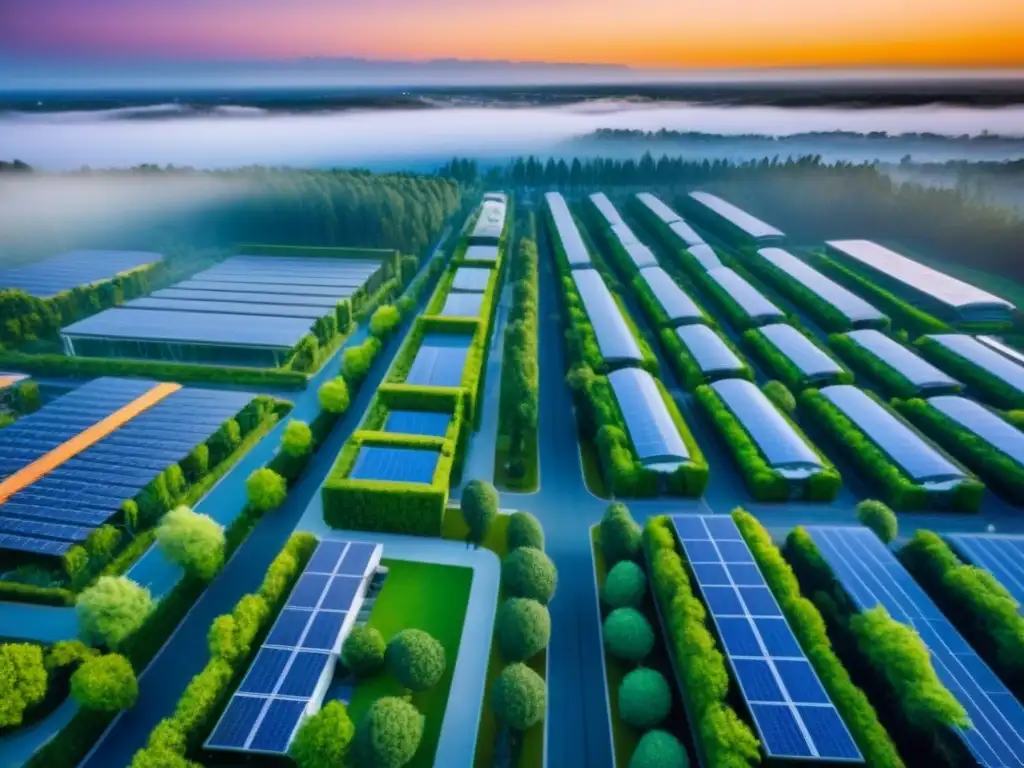 Metrópolis sostenible: armonía entre naturaleza y tecnología Vista aérea de una ciudad sostenible con edificios verdes, paneles solares y transporte público futurista