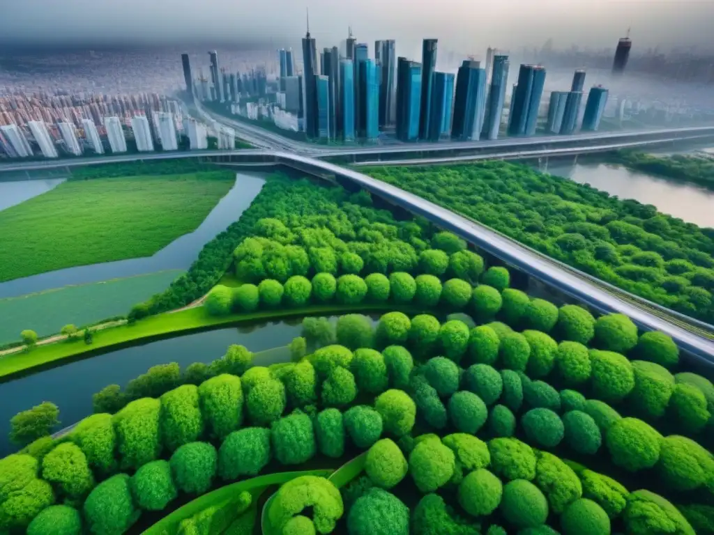 Metrópolis sostenible: armonía entre rascacielos y parques urbanos verdes Vista aérea de una ciudad sostenible con rascacielos modernos y parques verdes, mostrando soluciones sostenibles crecimiento urbano