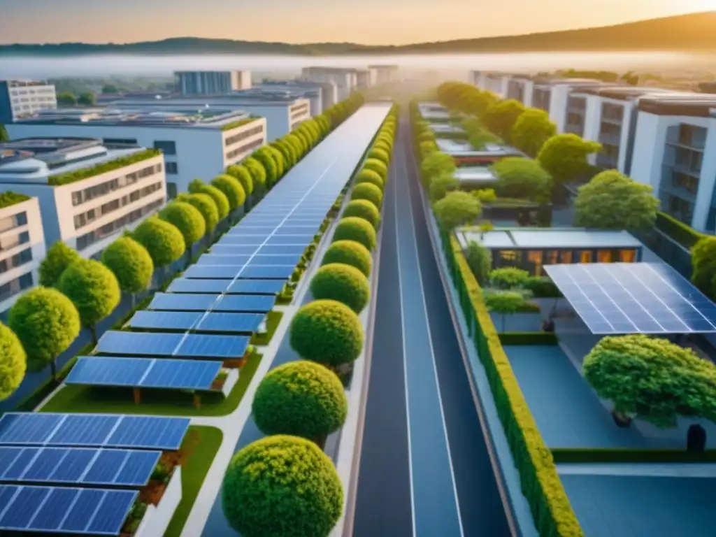 Vista aérea de ciudad sostenible con jardines y paneles solares Vista aérea de una ciudad sostenible con certificaciones verdes en inmobiliaria, edificios modernos y jardines en azoteas al atardecer