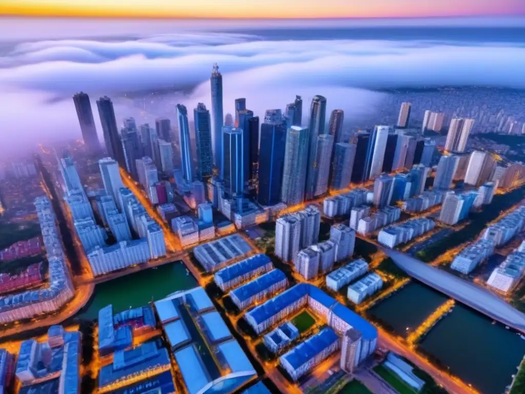 Horizonte urbano vibrante en Sudamérica: mercado inmobiliario en auge Vista aérea de una ciudad sudamericana vibrante al atardecer, simbolizando la rentabilidad comprar vs alquilar en Sudamérica