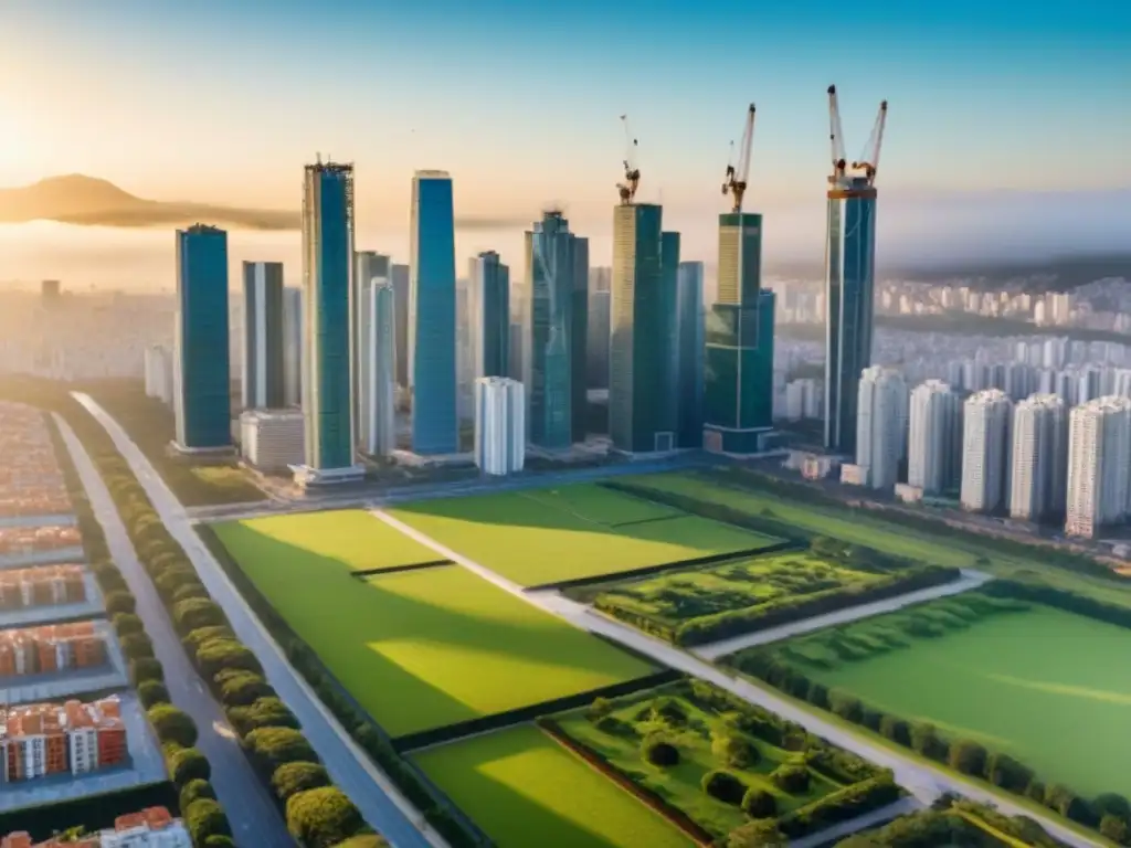 Skyline urbano de Sudamérica: crecimiento y prosperidad inmobiliaria Vista aérea de ciudad sudamericana con rascacielos, espacios verdes y grúas