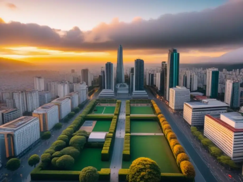 Vibrante ciudad en Sudamérica: modernidad y historia al atardecer Vista aérea de ciudad sudamericana con rascacielos y edificios históricos