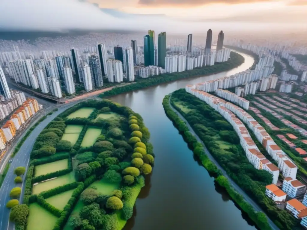 Skyline urbano sudamericano: impacto de COVID en mercado inmobiliario Vista aérea de la ciudad sudamericana, impacto COVID19 mercado inmobiliario Sudamérica