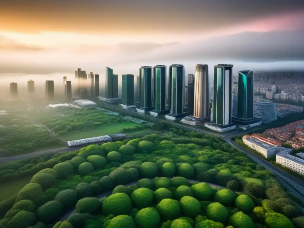 Arquitectura moderna y naturaleza en armonía: vista aérea de ciudad urbana Vista aérea de una ciudad urbana con rascacielos modernos y espacios verdes, reflejando la armonía entre arquitectura y naturaleza en el desarrollo urbano