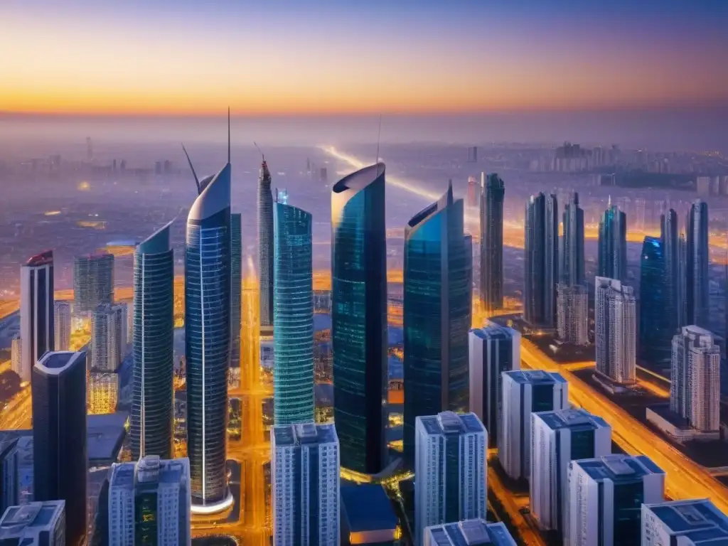 Metrópolis futurista: Telecomunicaciones en la ciudad al atardecer Vista aérea de una ciudad urbana con rascacielos modernos y avanzada infraestructura de telecomunicaciones al atardecer
