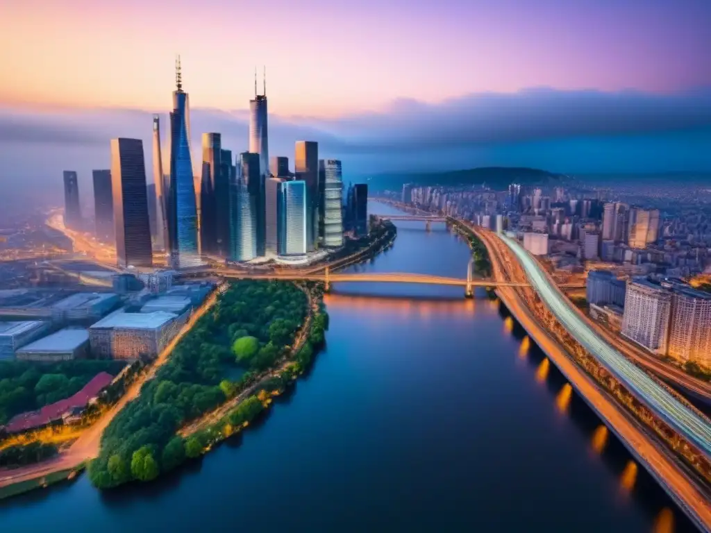 Vibrante ciudad urbana al anochecer: análisis inmobiliario Vista aérea de una ciudad urbana al atardecer, con rascacielos, calles iluminadas y un río, representando el análisis de mercado inmobiliario avanzado