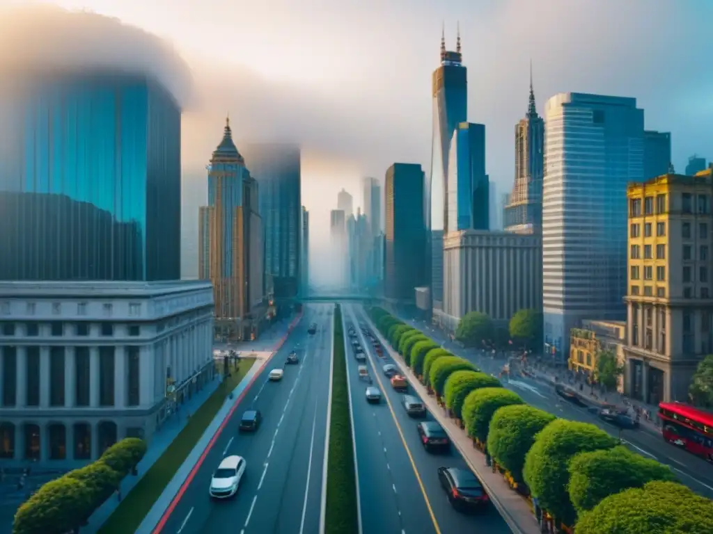 Cityscape diversificado: oportunidades inmobiliarias para principiantes Vista aérea de ciudad vibrante, mezcla de rascacielos y edificios históricos, ideal para estrategias diversificación inmobiliaria principiantes