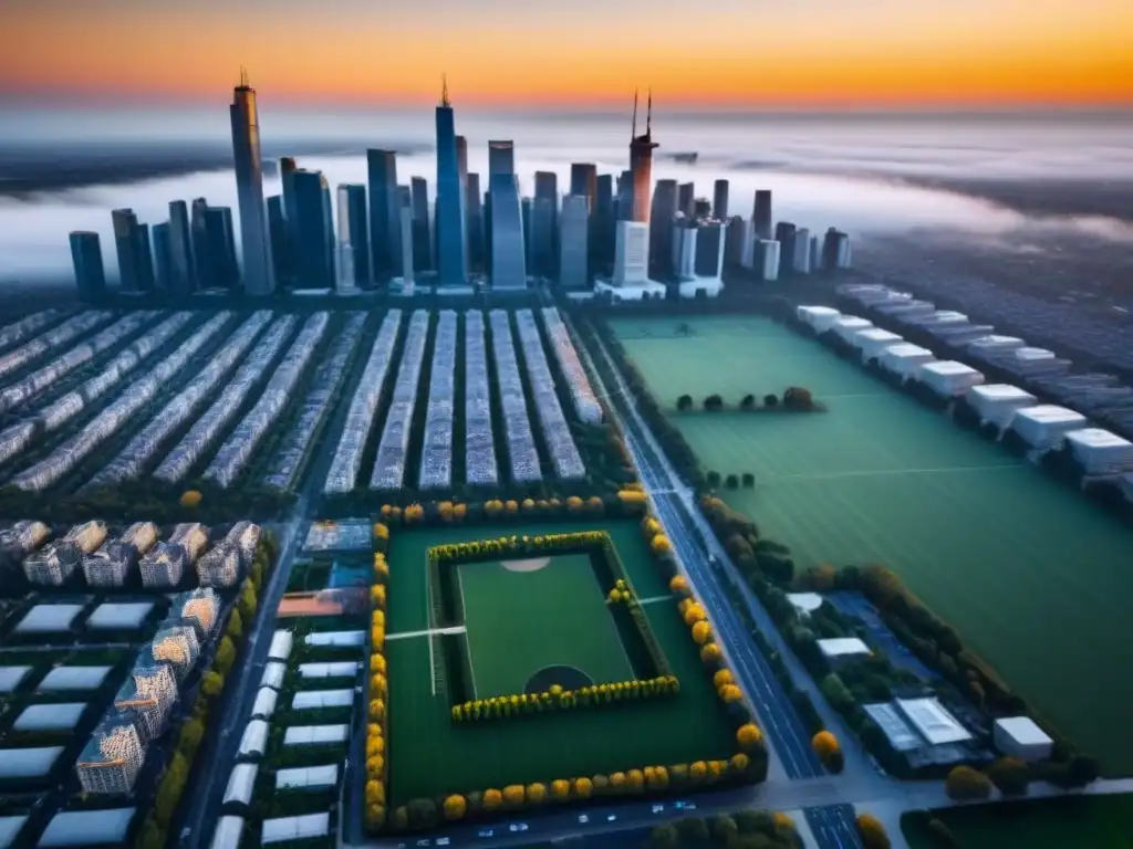 Vibrante ciudad al atardecer: modernos rascacielos y verdor en armonía Vista aérea de una ciudad vibrante al atardecer, con rascacielos, parques verdes y una arquitectura moderna