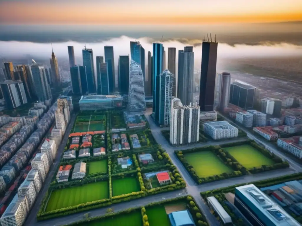Metrópolis diversa: arquitectura, comunidad y potencial inmobiliario Vista aérea de una ciudad vibrante con rascacielos y edificios residenciales, mostrando la diversidad demográfica y la inversión inmobiliaria