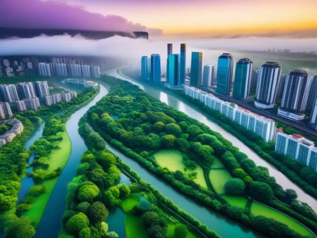 Vista aérea de una ciudad vibrante con rascacielos, parques verdes y un río, ideal para inversión inmobiliaria: cómo leer mercado