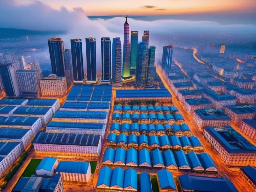 Cityscape vibrante: oportunidades inmobiliarias en mercado diverso Vista aérea de ciudad vibrante, mezcla de rascacielos modernos y edificios históricos