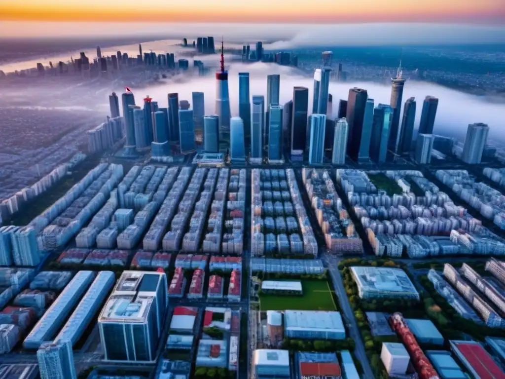 Skyline urbano: mercado inmobiliario en crecimiento Vista aérea de una ciudad vibrante con rascacielos modernos y edificios residenciales, simbolizando la investigación de mercado en bienes raíces