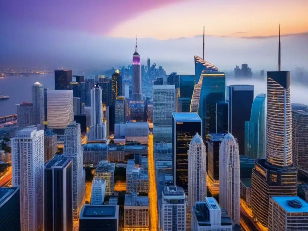 Inversiones urbanas de lujo: metrópolis moderna Vista aérea de una ciudad vibrante con rascacielos modernos y edificios de lujo, reflejando estrategias avanzadas inversión inmobiliaria