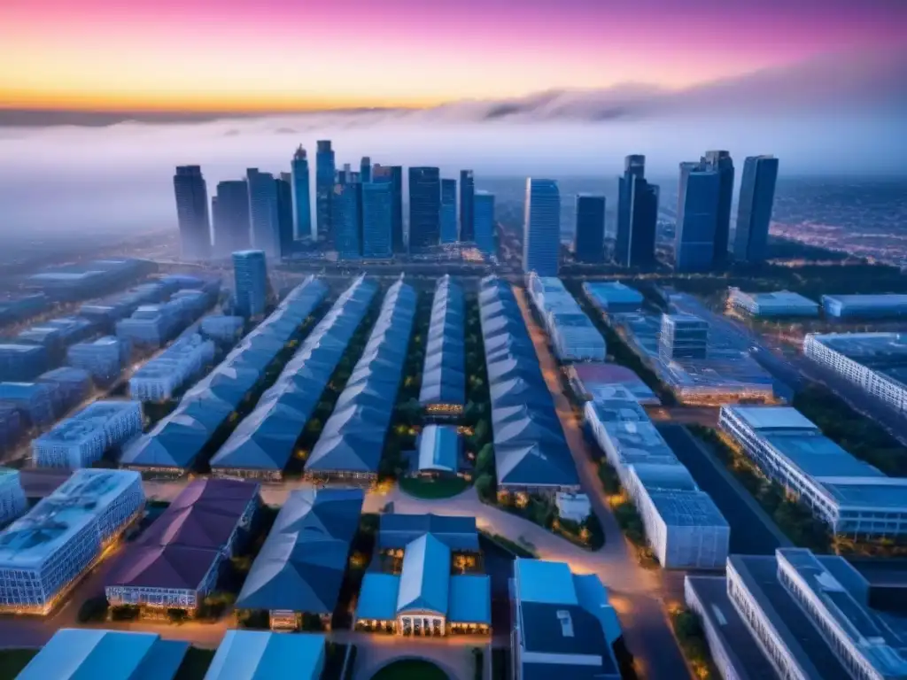 Skyline urbano: diversidad comercial y arquitectura moderna Vista aérea de una ciudad vibrante con edificios comerciales, resaltando la Importancia bienes raíces comerciales