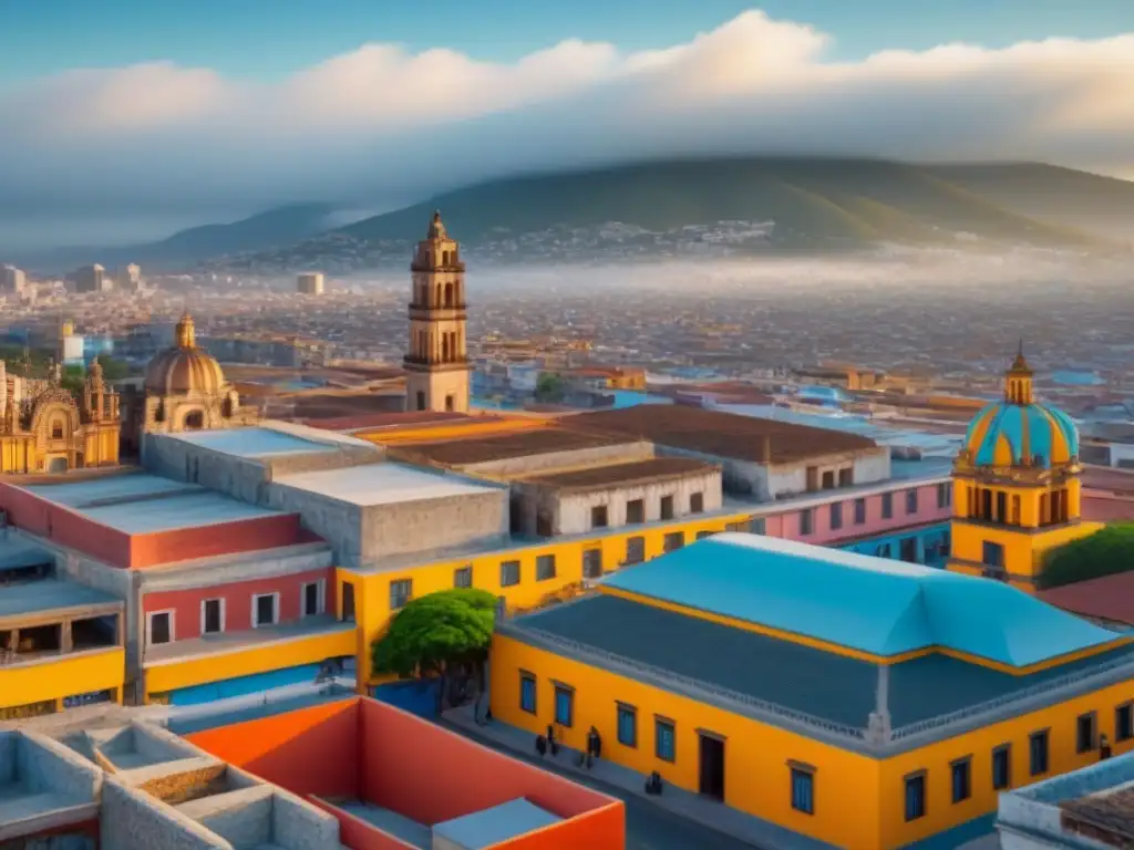 Vibrante ciudad mexicana: mezcla de modernidad y tradición Vista aérea de ciudad mexicana vibrante, fusionando arquitectura moderna y tradicional bajo cielo azul