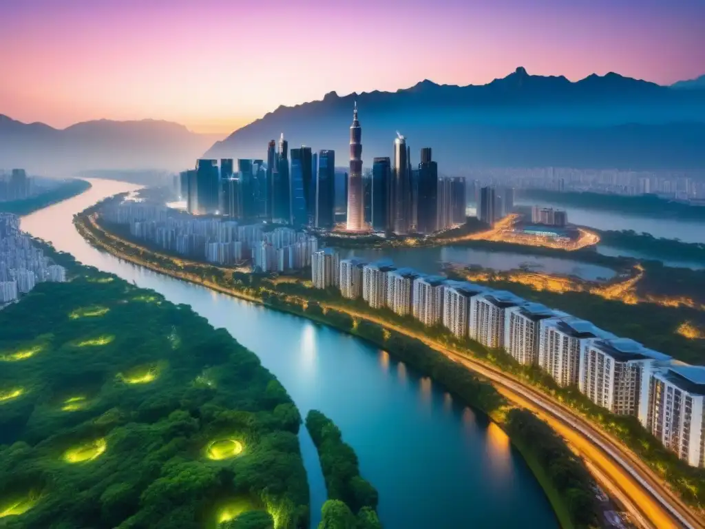 Esplendor urbano al atardecer: lujo y naturaleza en mercados emergentes Vista aérea al anochecer de una ciudad vibrante, con rascacielos y parques verdes, ideal para inversiones en mercados emergentes propiedades lujo