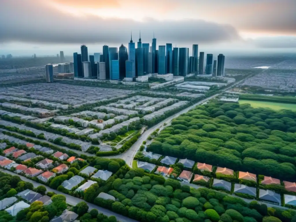 Panorama urbano: diversidad arquitectónica y vibrante vida citadina Vista aérea de una ciudad vibrante con propiedades de diversos valores y estilos arquitectónicos